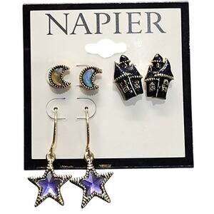 NEW Napier Gold & Crystal Trick or Treat Earring Set, Haunted House, Star, Moon